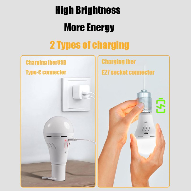 7W Rechargeable Emergency Light Bulb E27 Base-USB/220V Dual Charging Backup Emergency Light for Car/Home/Outdoor CM16