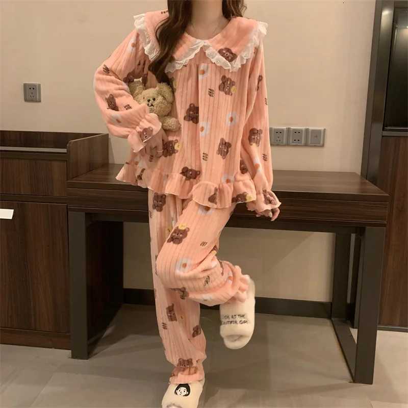 Warm Sleepwear Small Bear Peach Coral Velvet TwoPiece Set Women Pajamas Autumn and Winter Thickening Home Wear School Sleepwear Z250925