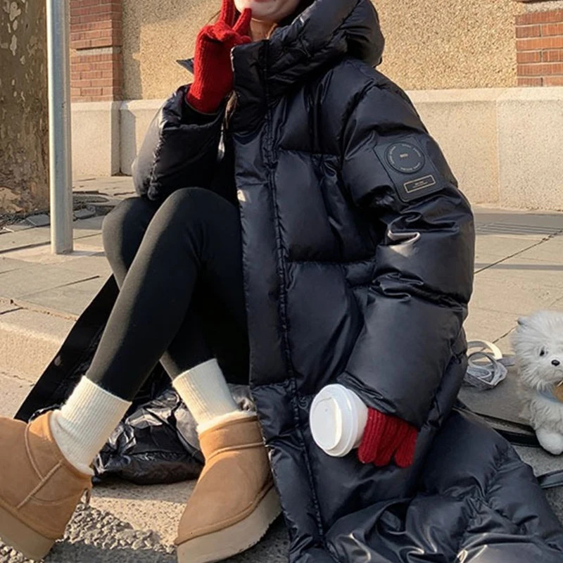 ITOOLIN Women Mock Neck PU Down Coat Zipper Thicken Long Coat Oversize Loose Hooded Down Coat Women Casual Parkas Fall Winter 250917