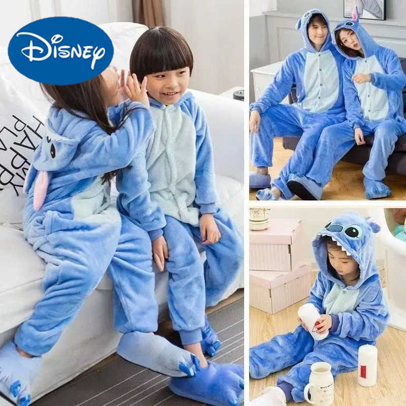 Disney Baby Boy Girl Cartoon Stitch Print Onesie Pajamas Autumn Winter Adult Kid Cosplay Hooded Pijama Family Matching Outfit Sleepwear H250926