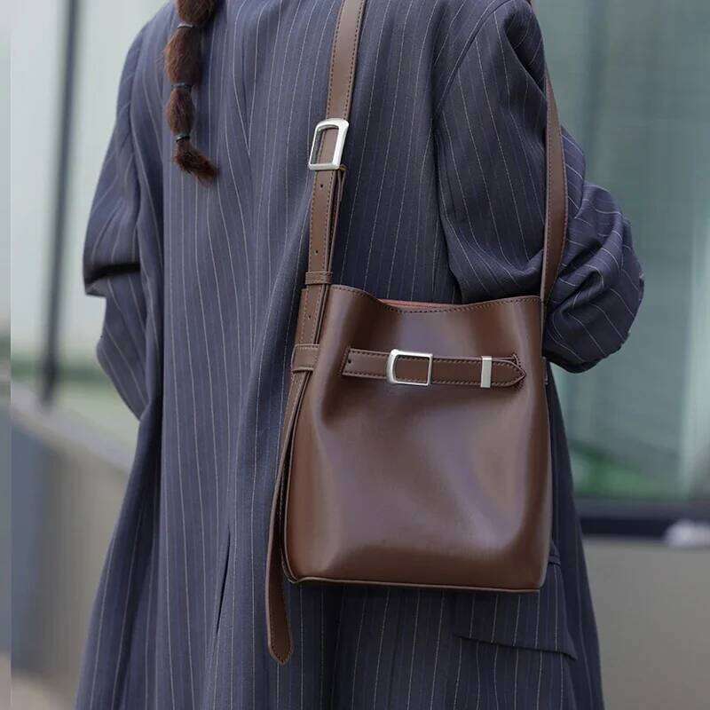 Women's Vintage Messenger High Quality Simple Handbags Genuine Leather Bucket Lady Shoulder Bag Female Crossbody Bags Suotong2509