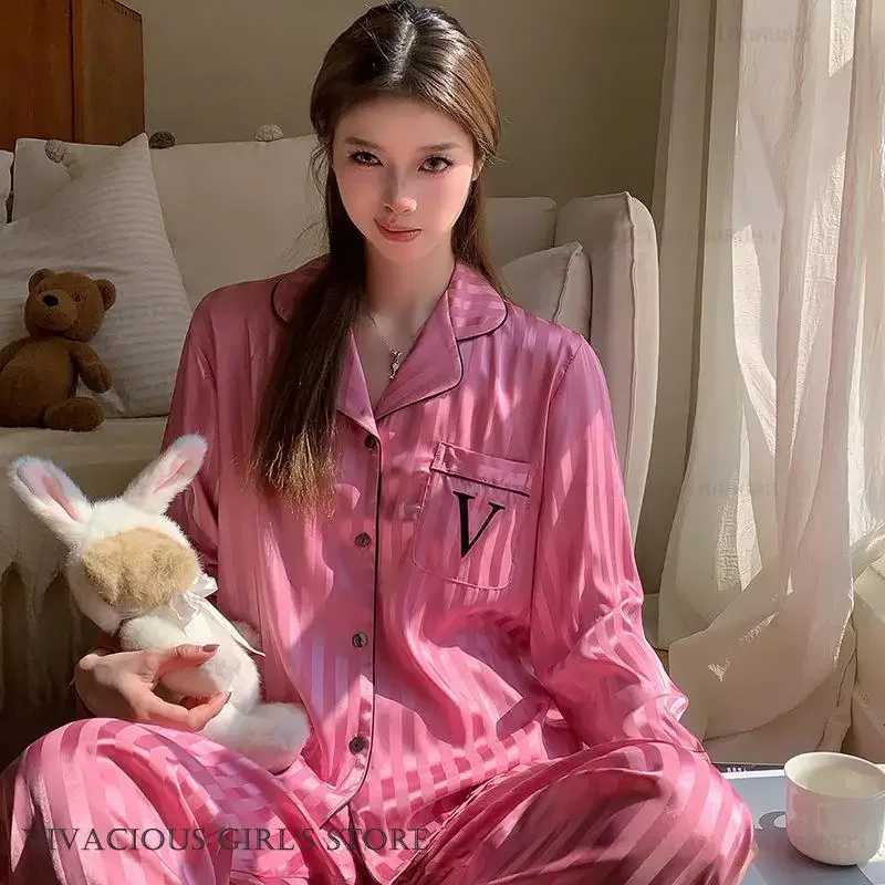 New Female Pajamas TwoPiece Set Loungewear Spring Autumn New Sleepwear Pyjama Pour Femme Hot Pink Satin Homewear Trouser Suits Z250925