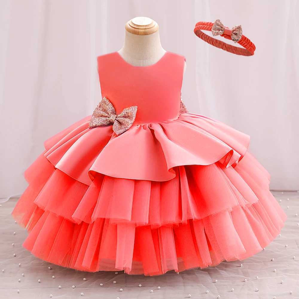 2024 New Summer Big Bow Dress for Baby Girls Tulle Cute Sequin Kids Birthday Princess Party Dress Solid Elegant Wedding Clothes Z250926