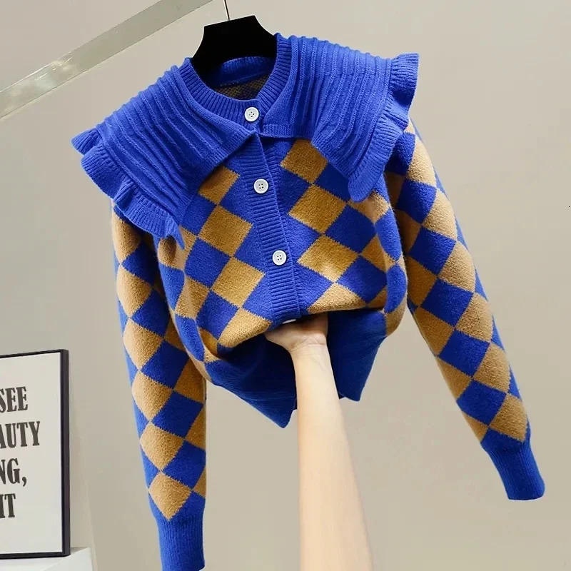 Diamond Plaid Ruffles Acrylic Knitted Peter pan Collar Womens Cardigan Single Breasted Sweater Cardigan For Women Clothing 250922