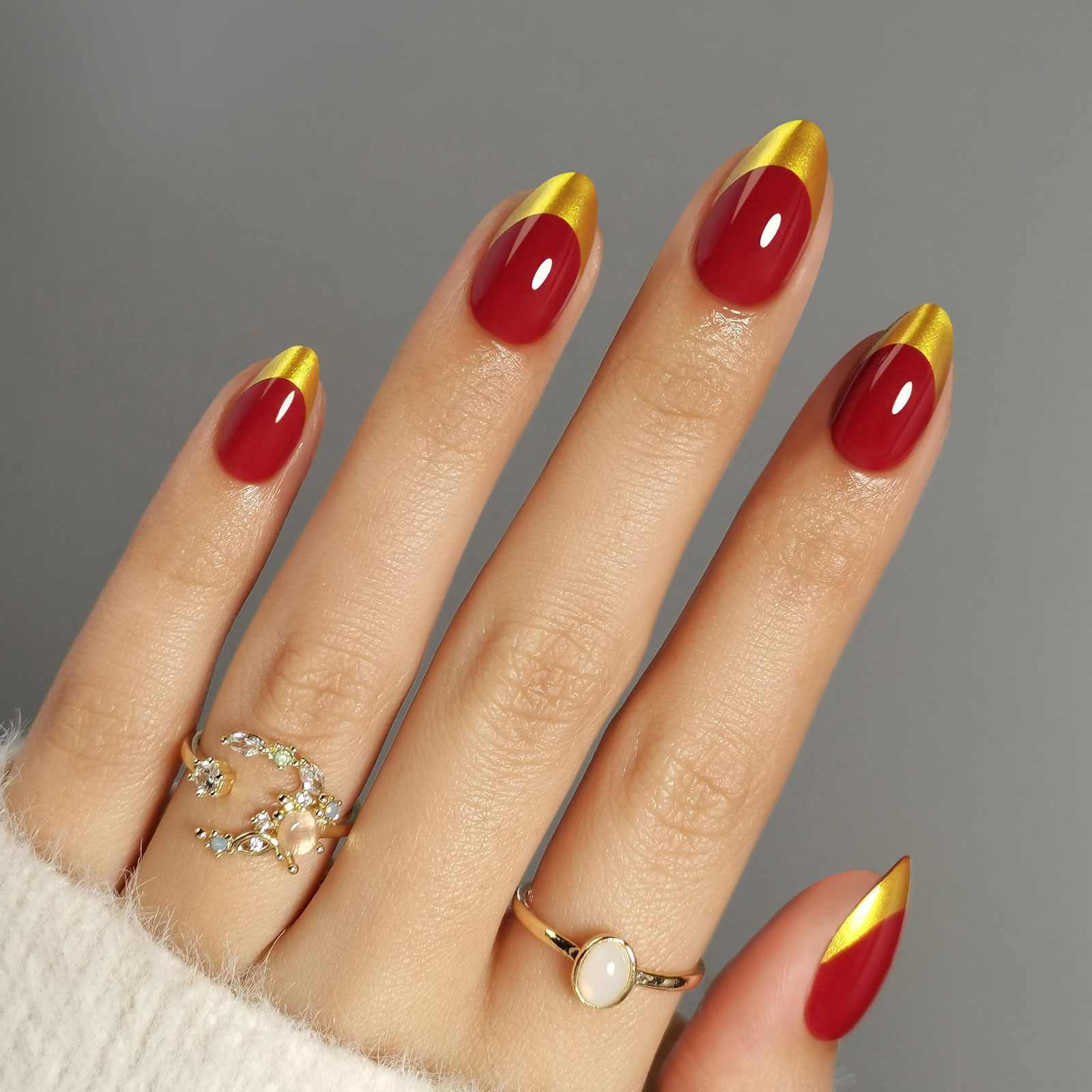 Gold French Tip Press on Nails Short in Red Finish - Soft Gel Fall Almond Nails for , Perfectly Fit Glue on Nails in 16 Sizes - 32 Reusable Fake Nails