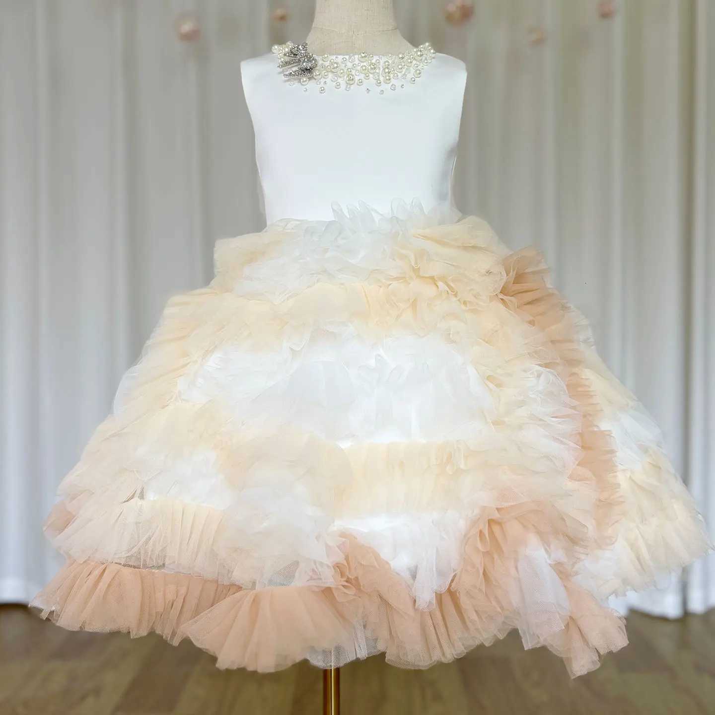 Jill J259 Luxury Champagne Arabic Girl Dress Pearls Dubai Kids Princess Birthday Wedding Party Children Holiday Gown 2025 Z250926