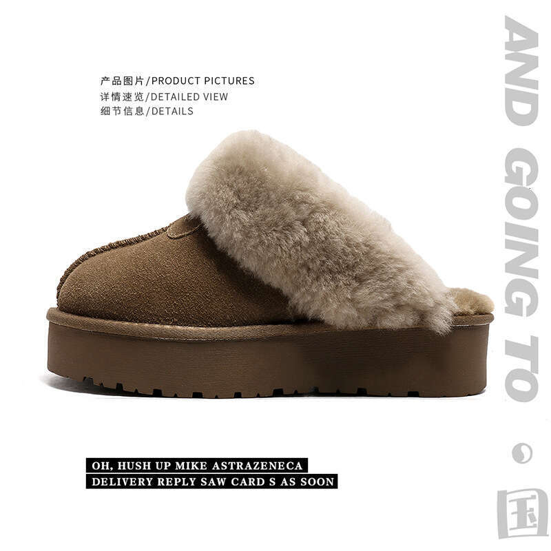 New Sheepskin One-Piece Thick-Soled Closed-Toe Furry Snow Boots for Women Warm Non-Slip Home Cotton Slippers