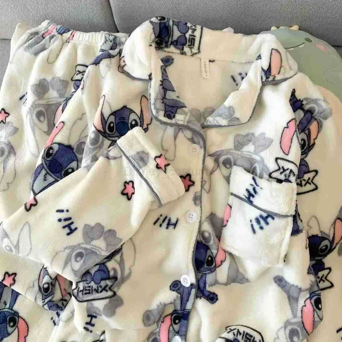 Disney New Stitchthemed Plush Fluffy Sleepwear Pajamas Womens Autumn and Winter Flannel Thickened and Velvet Home Casual 2 Pcs Set H250926