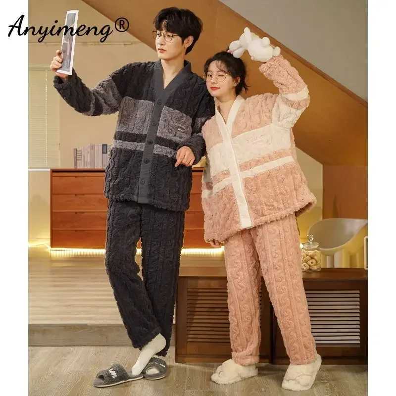 New Winter Thick Pajamas Set for Couple Korean Teddy Jacquard Vneck Sleepwear for Man and Women Kimono Velvet Pjs for Lovers Z250925