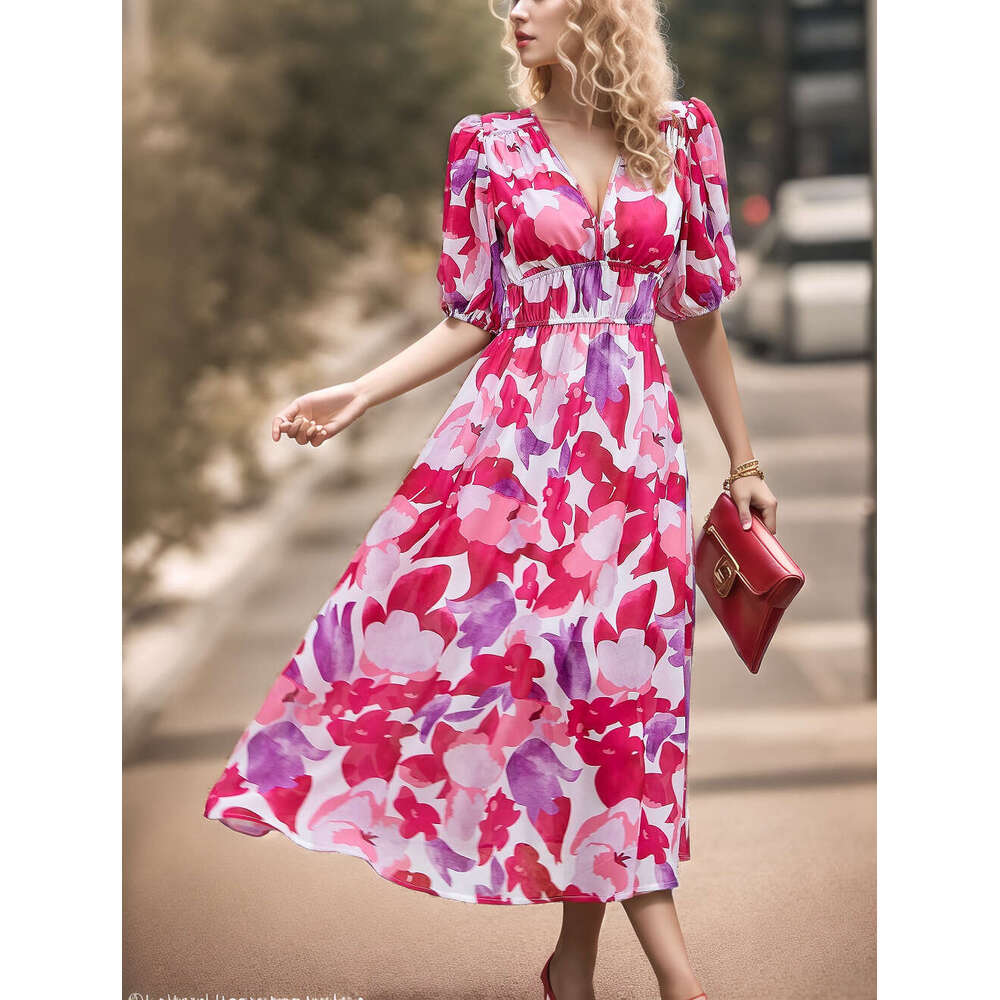 2025 Summer European and American Cross-Border Waist-Cinching Elegant V-Neck Printed Long Dress