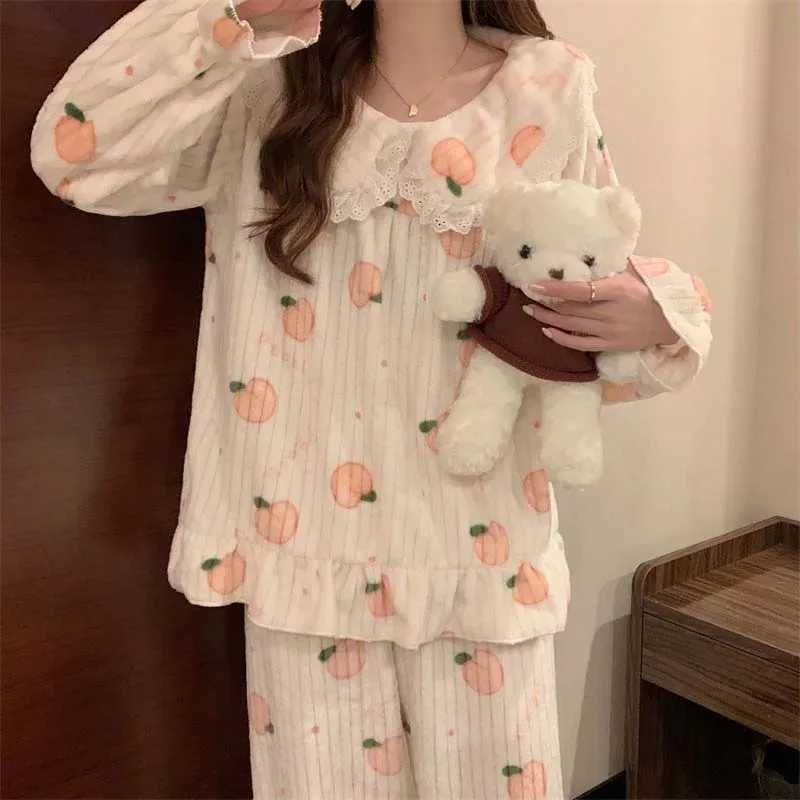 Cartoon Women Pyjamas Warm Flannel Sleepwear Pajama Sets Girl Pijama Set Suit Pant Home Korean Peach Sleep Lace Sleepwear Z250925