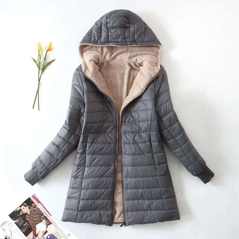 Autumn Winter New Fleece-Lined Hooded Jacket for Women, European and American Style, Student Lamb Wool Coat, Mid-Length Cotton Jacket, Small Trendy Co