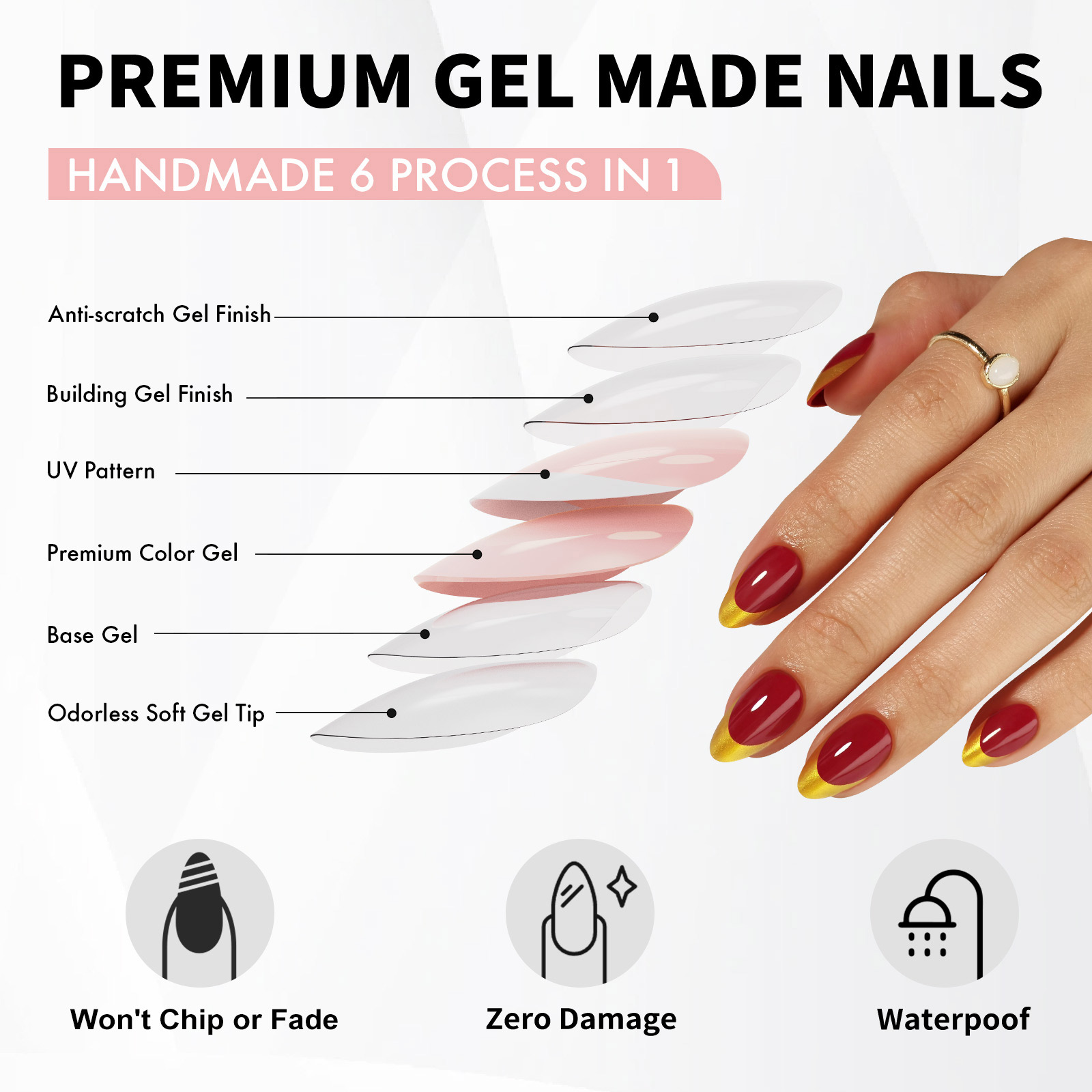 Gold French Tip Press on Nails Short in Red Finish - Soft Gel Fall Almond Nails for , Perfectly Fit Glue on Nails in 16 Sizes - 32 Reusable Fake Nails