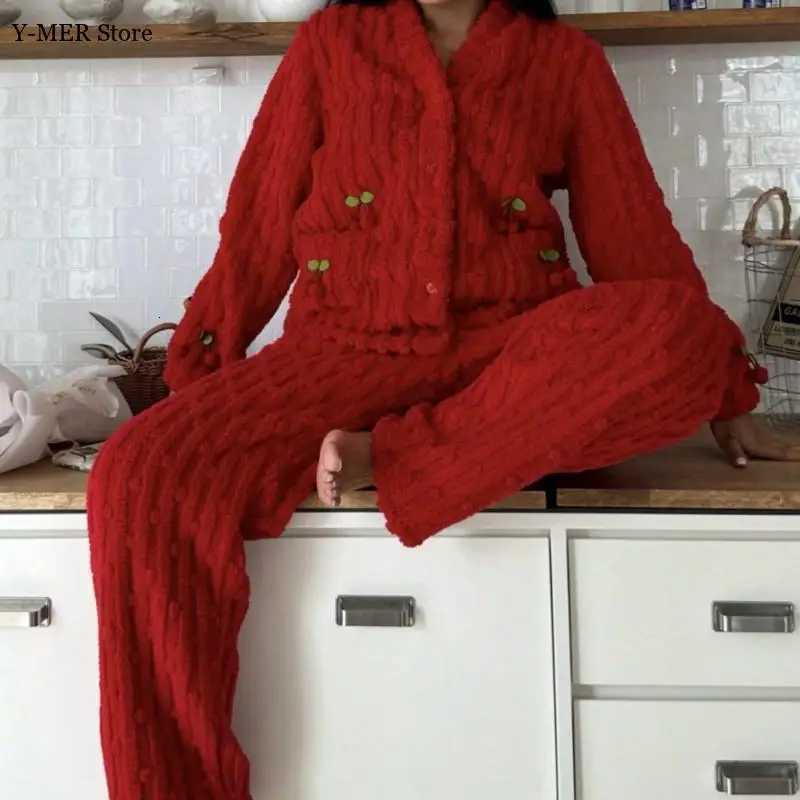 Women Cute Cherry Pattern Pajamas Autumn and Winter New Warm Fleece Lined Sleepwear Loungewear Cardigan Suit Pajamas Z250925