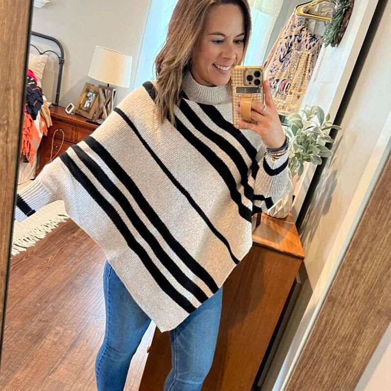 Half High Neck Pullover Striped Color-Block Shawl Cape Loose Knitted Batwing Sleeve Sweater for Women