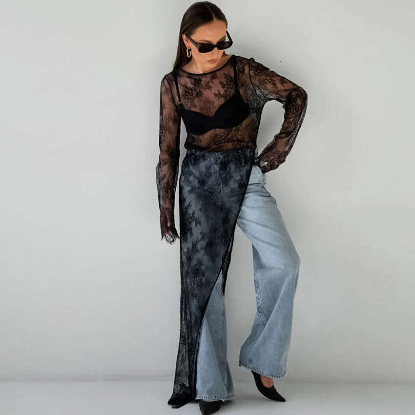 Black Sexy Sheer Brocade Lace Asymmetric Slit 2025 Autumn Fashion New Long Dress for Women