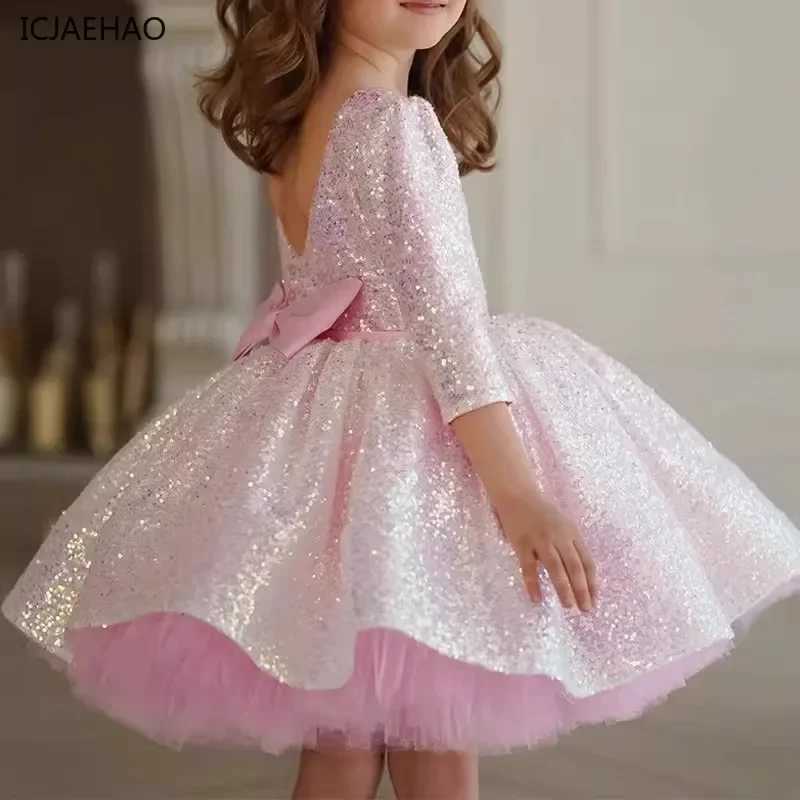 2025 New Pink Glittery Party Dress for Little Girls Puffy Tulle Girl Clothes for Eid Clothes Dresses Special Occasions Flower Z250926