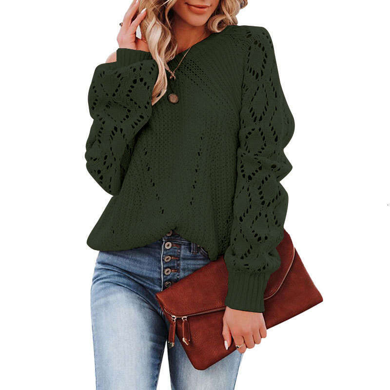 Autumn Winter New Hollow Pattern Knitted Sweater Round Neck Solid Color Loose Fashion Pullover