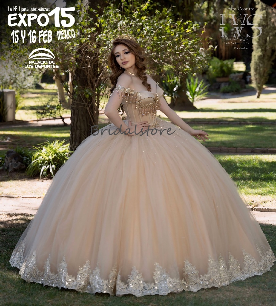 Glamorous Champagne Quinceanera Dress With Beaded Off Shoulders Lace Vestidos De Xv 15 Quinceanera Party Sweet 16 Dress 2025 Ball Gown Birthday Dress
