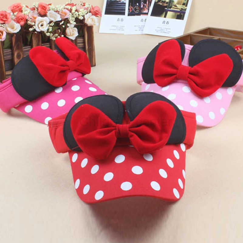 Disney Hat Minnie Mouse Cartoon Hat Minnie Bow Sunscreen Empty Top Hats for Girls Summer Outdoor Sun Protection Visor Cap Gifts H250926