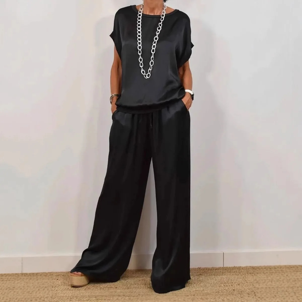 Casual Loose Satin T Shirt Pants Two Piece Set Fashion Oneck Short Sleeve Shirts Suit Spring Summer Wide Leg Pant Sets 250906