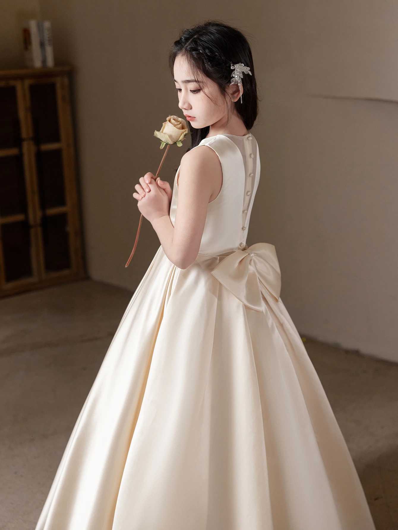 Highend Elegant Champagne Long Dress Large Bow Design for Teenagers Formal Occasions Birthday Party Wedding Bridesmaid Dress Z250926