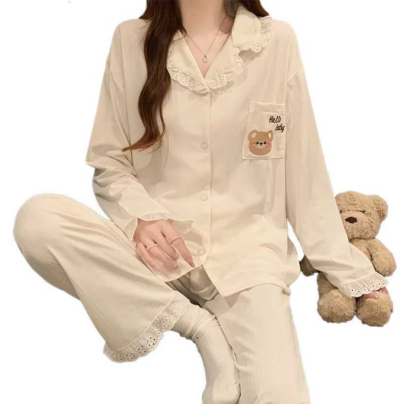 Women Spring Pajamas Set Korean Loose Sleepwear Long Sleeve Lace Lapel Sweet Cartoon Bear Homewear Female Casual Loungewear Z250925