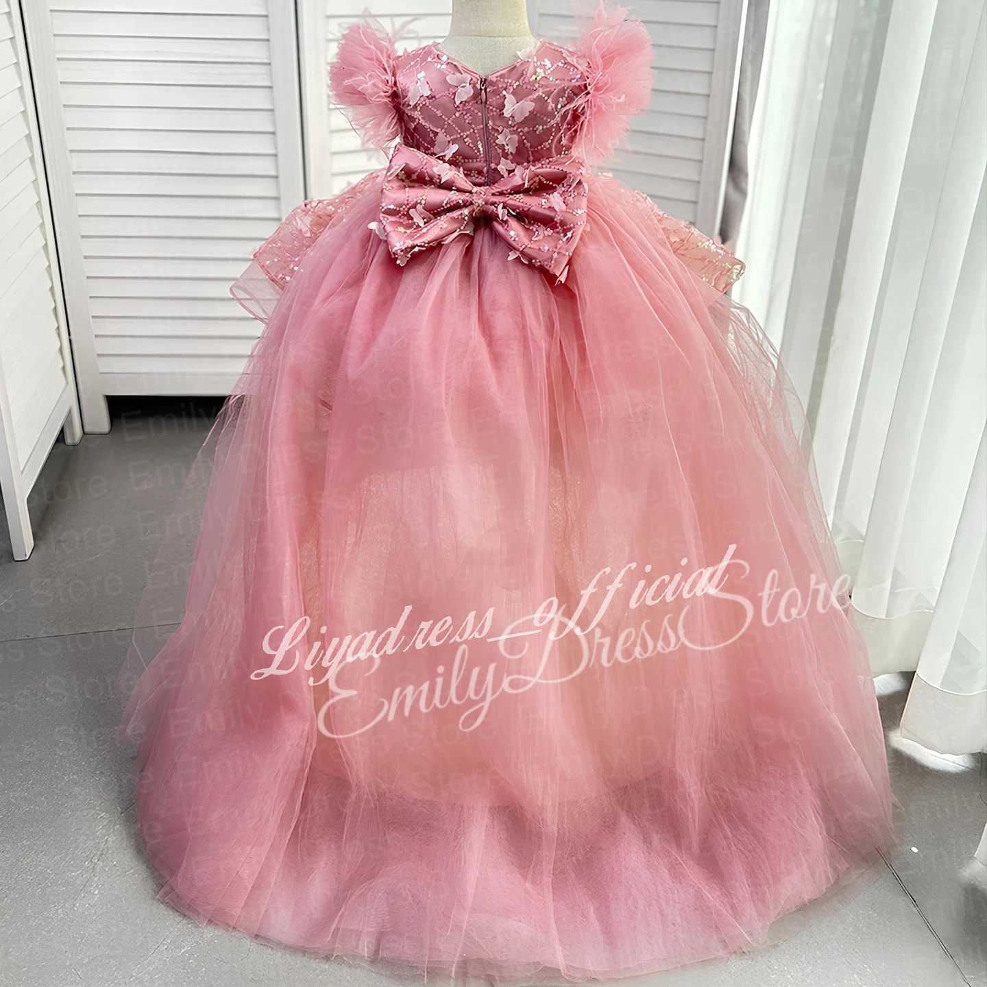 Customized Baby Flower Girl Dress For Wedding Applique Puffy Tulle Feather Sequins Birthday Party Kids First Communion Ball Gown Z250926