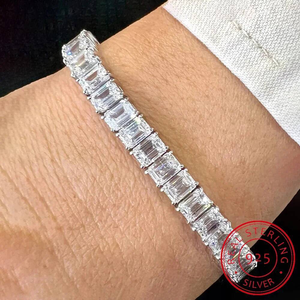 57mm 1CT Emerald Cut Moissanite Tennis Bracelet for Women Men 925 Sterling Silver D Color Rectangle Lab Diamond Bangle Pulseira