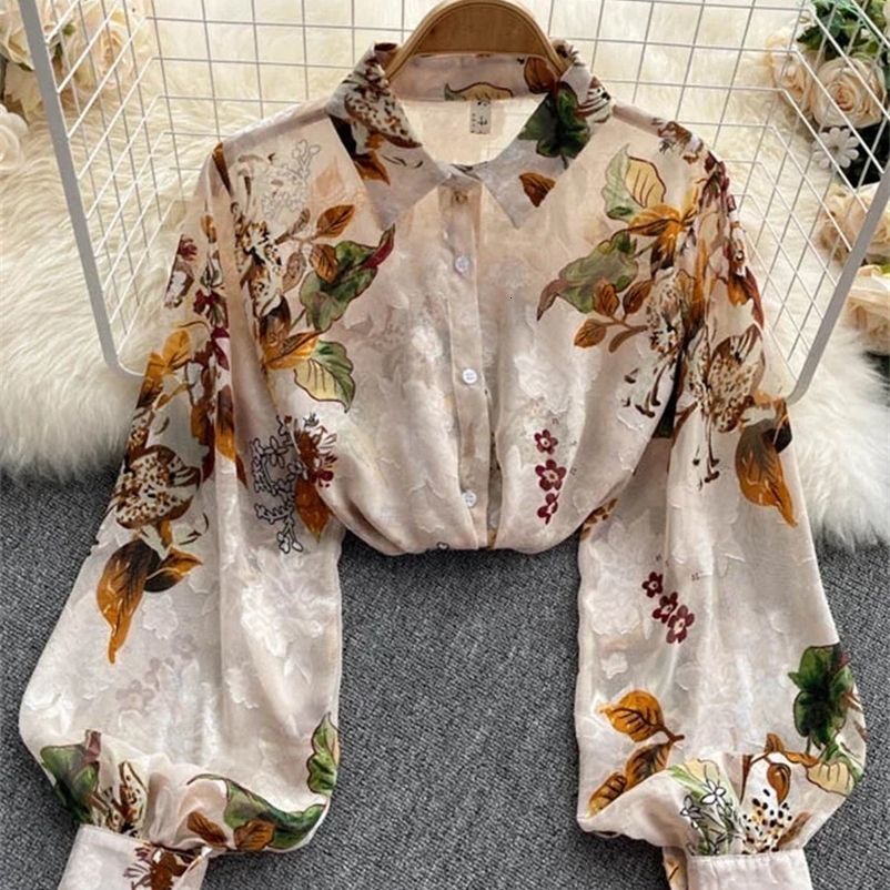 Spring Autumn Temperament Fashion Retro Chiffon Floral Blouses Print Loose Lapel Puff Sleeve Top Button Up Shirt Female GD611 240813