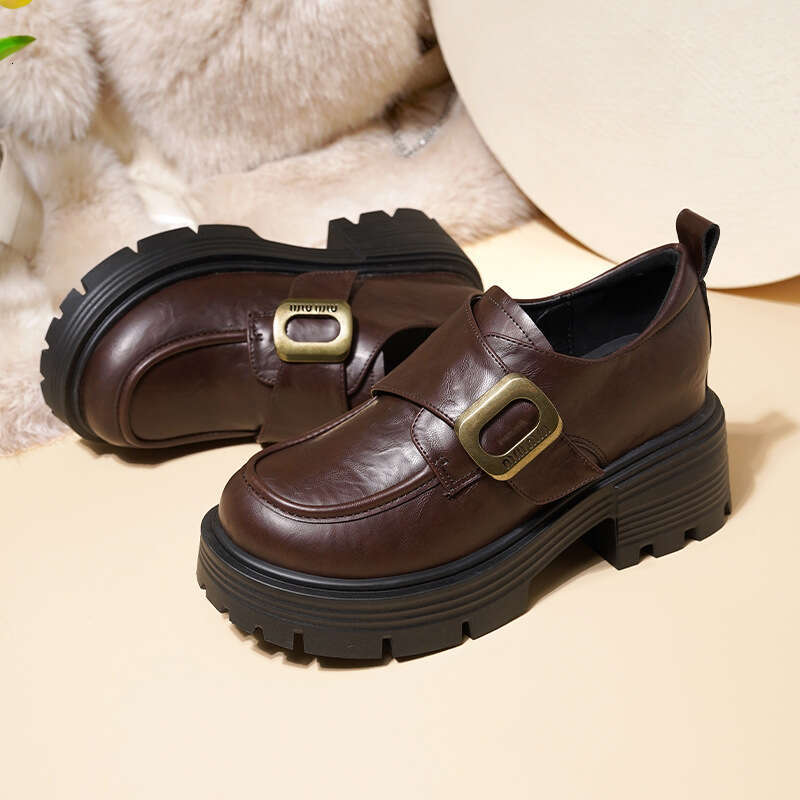 Hidden Wedge 8cm Loafers 024 New British Style Thick Sole Designer Shoe Slip-On Women's Leather Shoes for Petite Women in Autumn Black