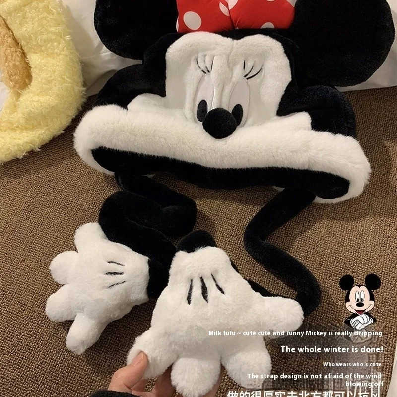 Disney Authentic Autumn Winter Mickey Minnie Plush Hat Cartoon Cute Pullover Cold Resistant Warm OnePiece Hat Sweet Home Gift Girls H250926