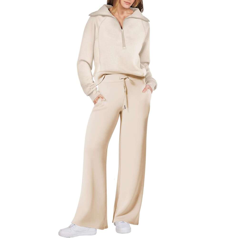 2025 Autumn Winter Casual Sports Zipper Long Sleeve Sweatshirt Wide Leg Pants Two-Piece Set