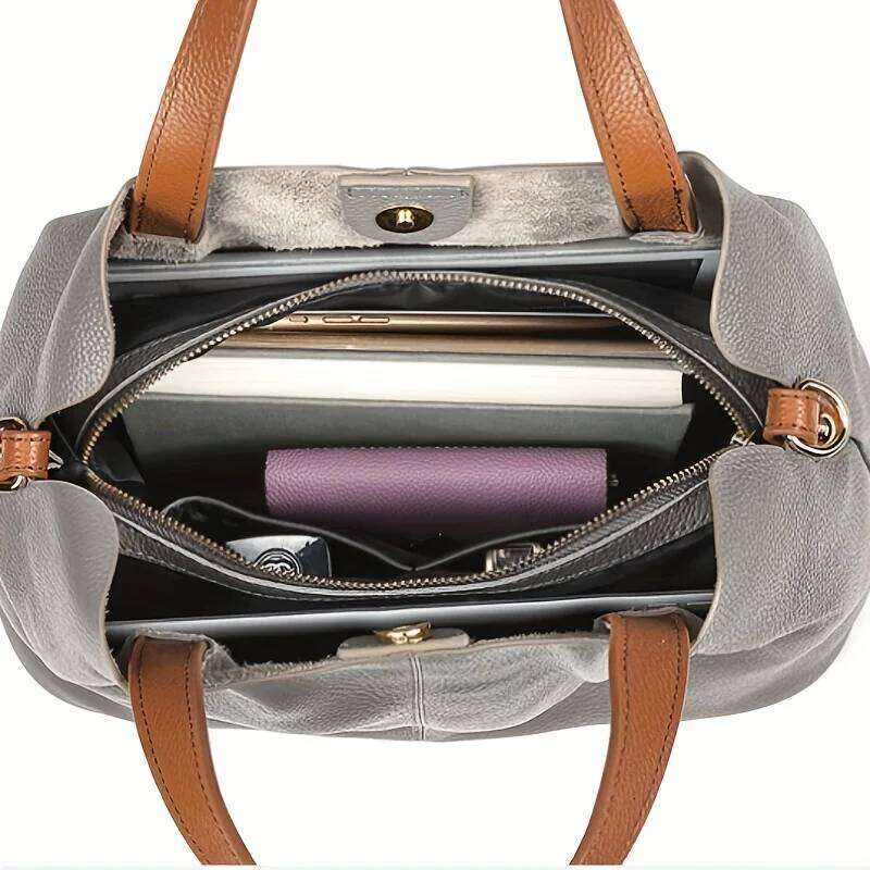 Women's deluxe handbag large capacity, dual-color gray with genuine leather accents in brown