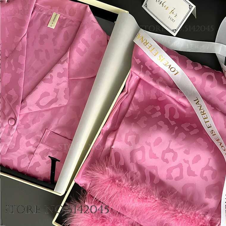 Female 2PCS Pajamas Set Sleepwear Long Sleeve Trouser Pijamas Suit with Feather Sexy Leopard Pyjama Loungewear Ice Silk Homewear Z250925