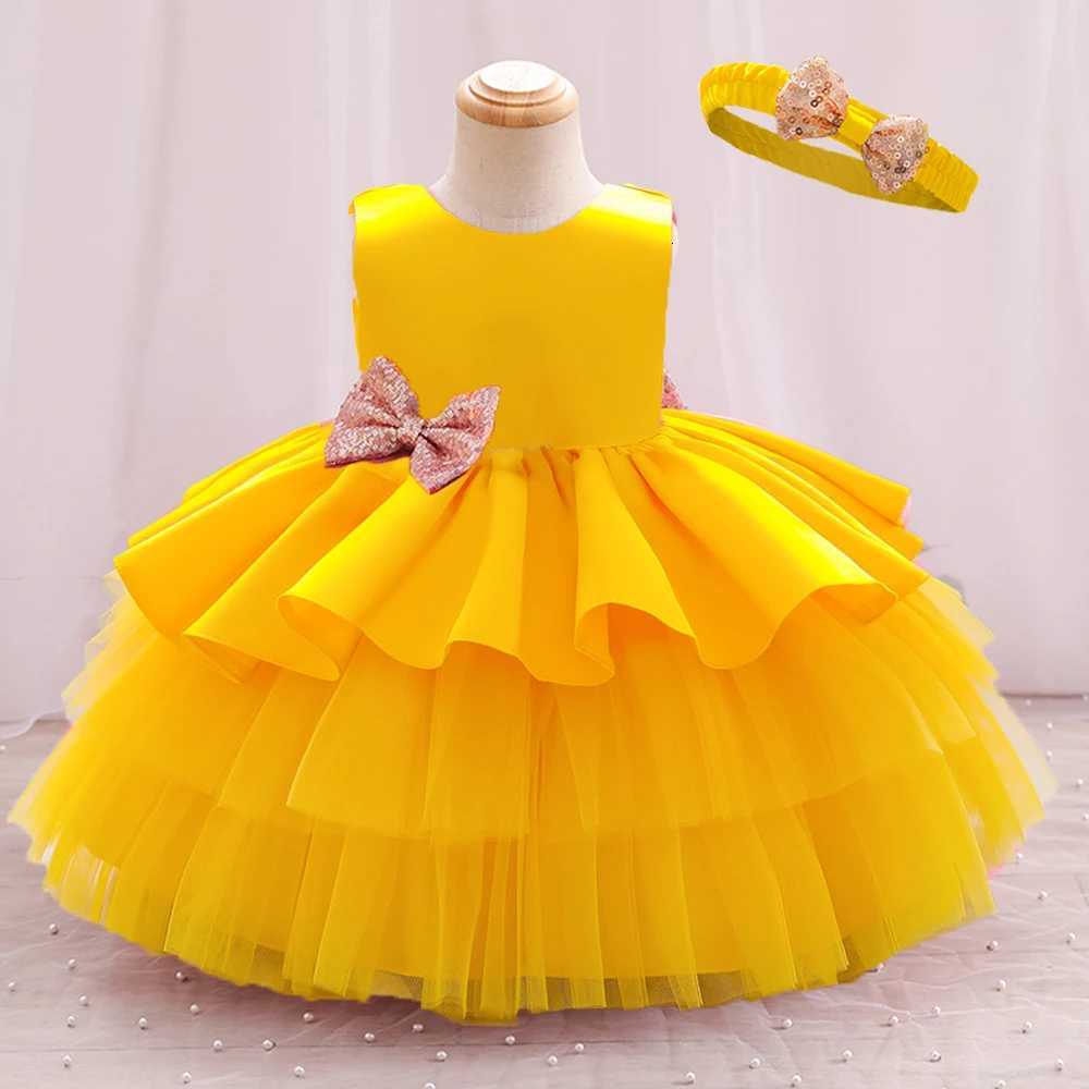 2024 New Summer Big Bow Dress for Baby Girls Tulle Cute Sequin Kids Birthday Princess Party Dress Solid Elegant Wedding Clothes Z250926
