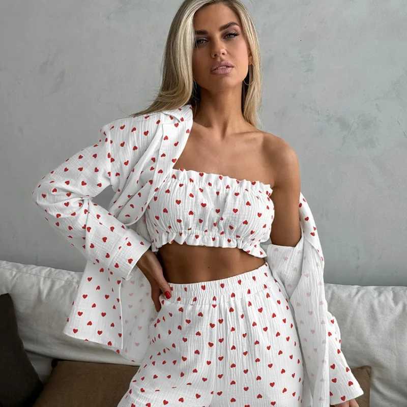 Printed Cotton Womens Pajama Set Strapless Pajamas Long Sleeve Pajamas Lapel Pajamas Long Pants Pajamas 3 Piece Suit Z250925