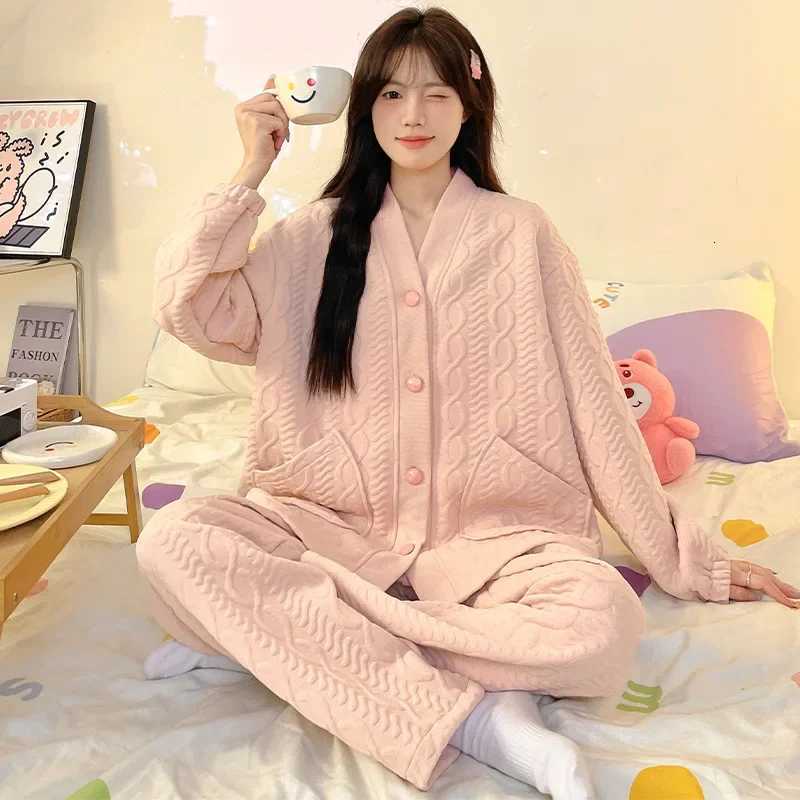 Thickened Warm Womens AutumnWinter Pajama Set VNeck Cotton Fleece Material Casual Home Clothes Student Long Sleeve Design Z250925