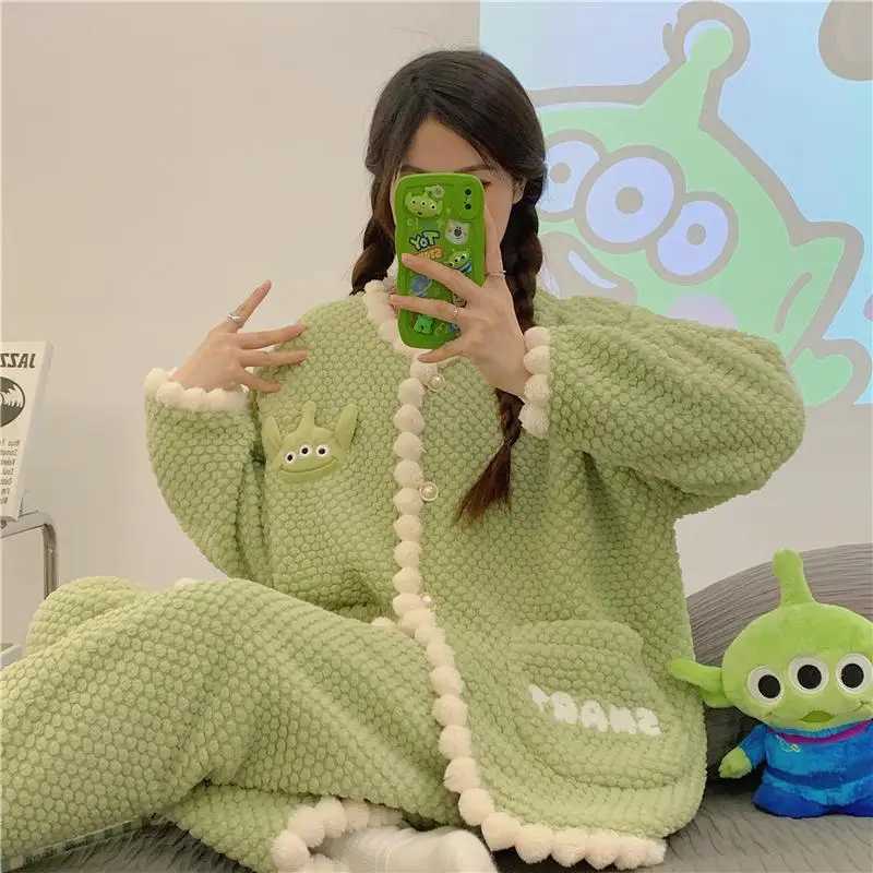 Women Cardigan Thicken Warm Coral Velvet Pajamas Set Color Block Flowers Sleepwear Flannel School Pajamas Womens Sweet Homewear Z250925