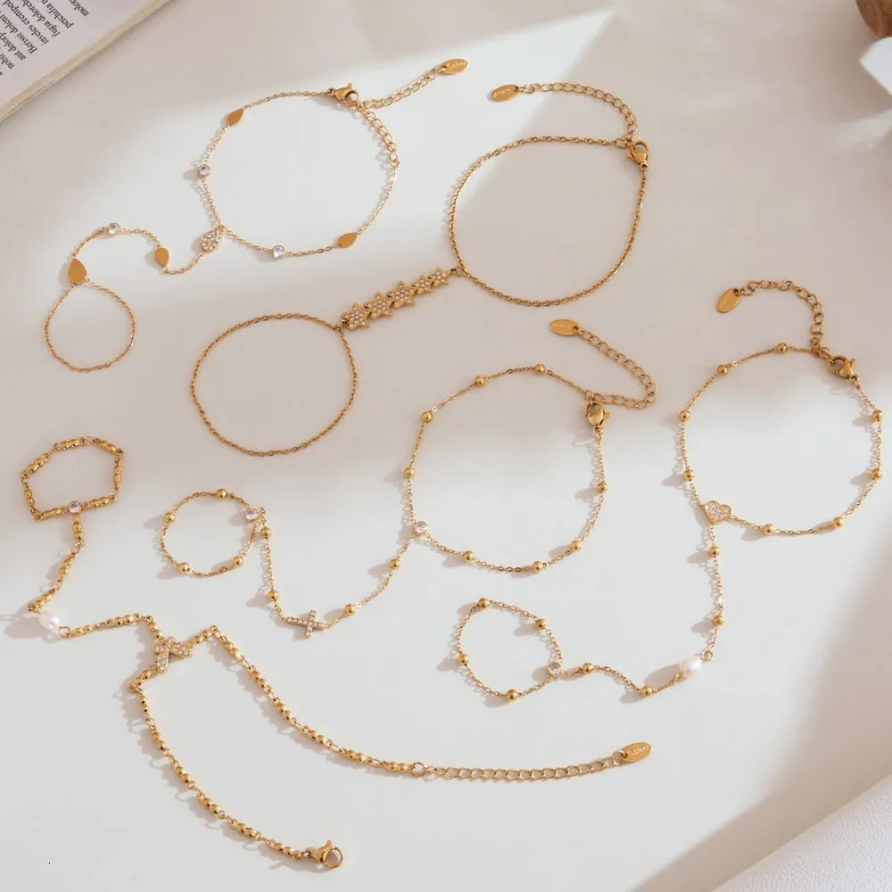 Dainty Hand Chain Bracelet In Stainless Steel 18k Gold Plated With Cubic Zirconia Shiny Zircon Handchain Bracelets For Women 250922