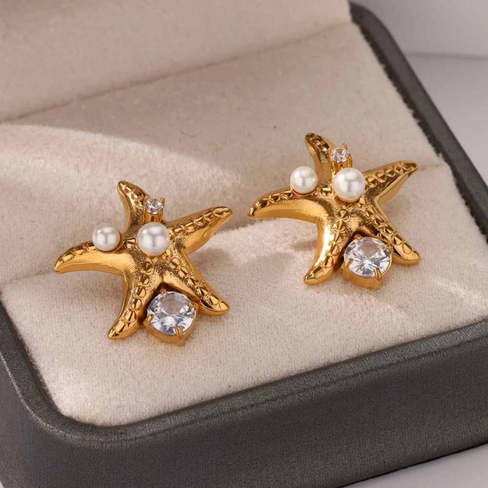 European & American Fashion Statement Starfish & Flower Earrings-Women's 18K Gold-Plated Stainless Steel Earrings with Pearl Inlay & Oil-Pressed 