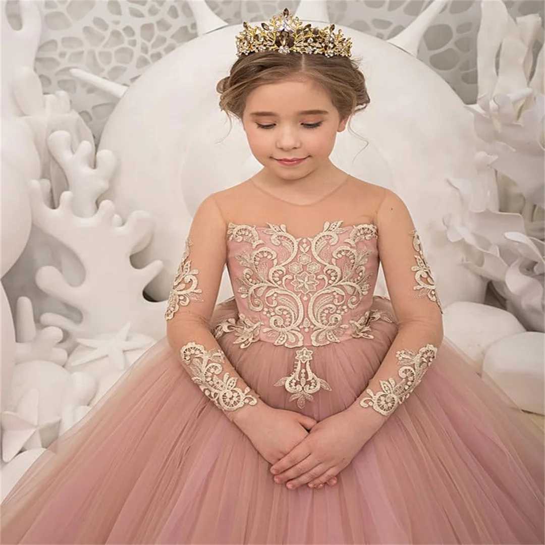 Lace Applique Girls Pageant Dress Tulle Long Sleeves Flower Girl Dress Sccop Tulle Princess Brithday Gowns Long Ball Gown Girl D Z250926