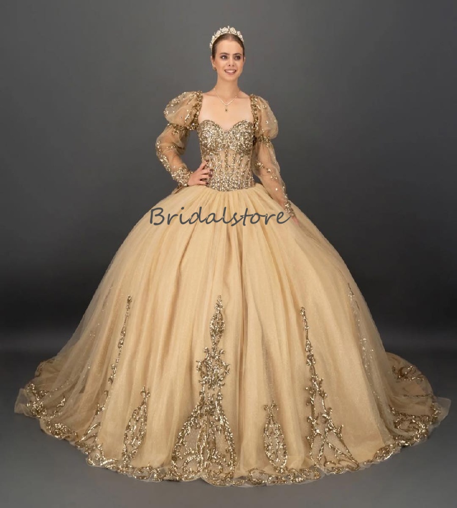 Luxury Chamapgne Sequin Quinceanera Dress Princess Long Sleeve Beaded Vestidos De 15 Quinceanera Sixteen Birthday Party Gowns 2025 Para Sweet 16 Dress