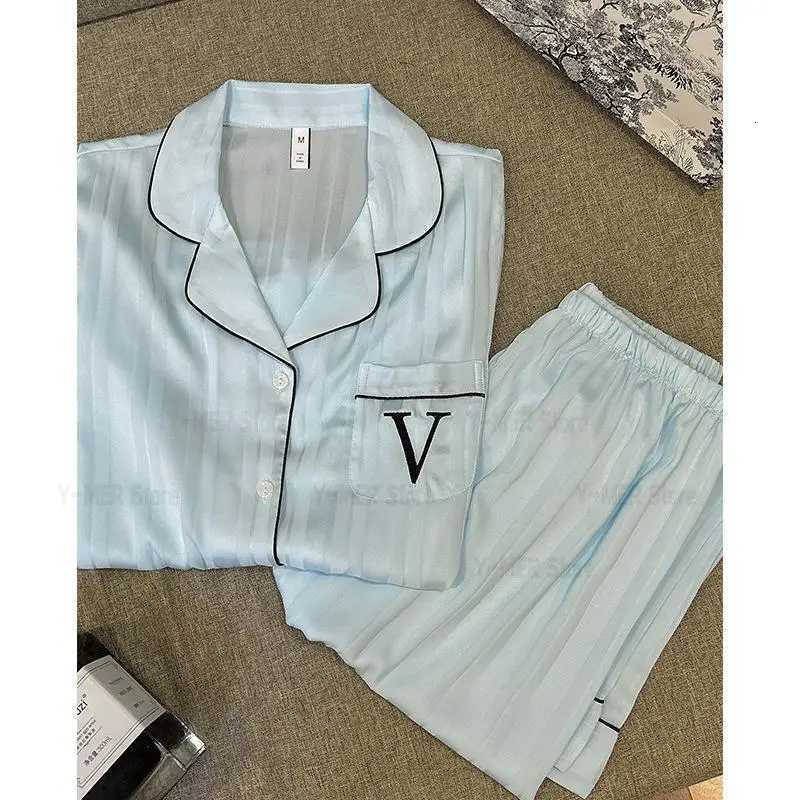 Embroider Letter Pajamas 2Pcs Loungewear Lady Soft Silk Satin Shirtpants Blue Striped Home Clothes Long Sleeve Pyjamas Femme Z250925