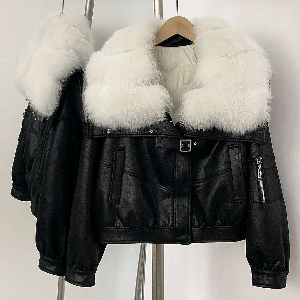 Winter Natural Fox Fur Collar Short Women Clothing Fluffy Puffer Suede Female Jacket Thick Duck Down Coat