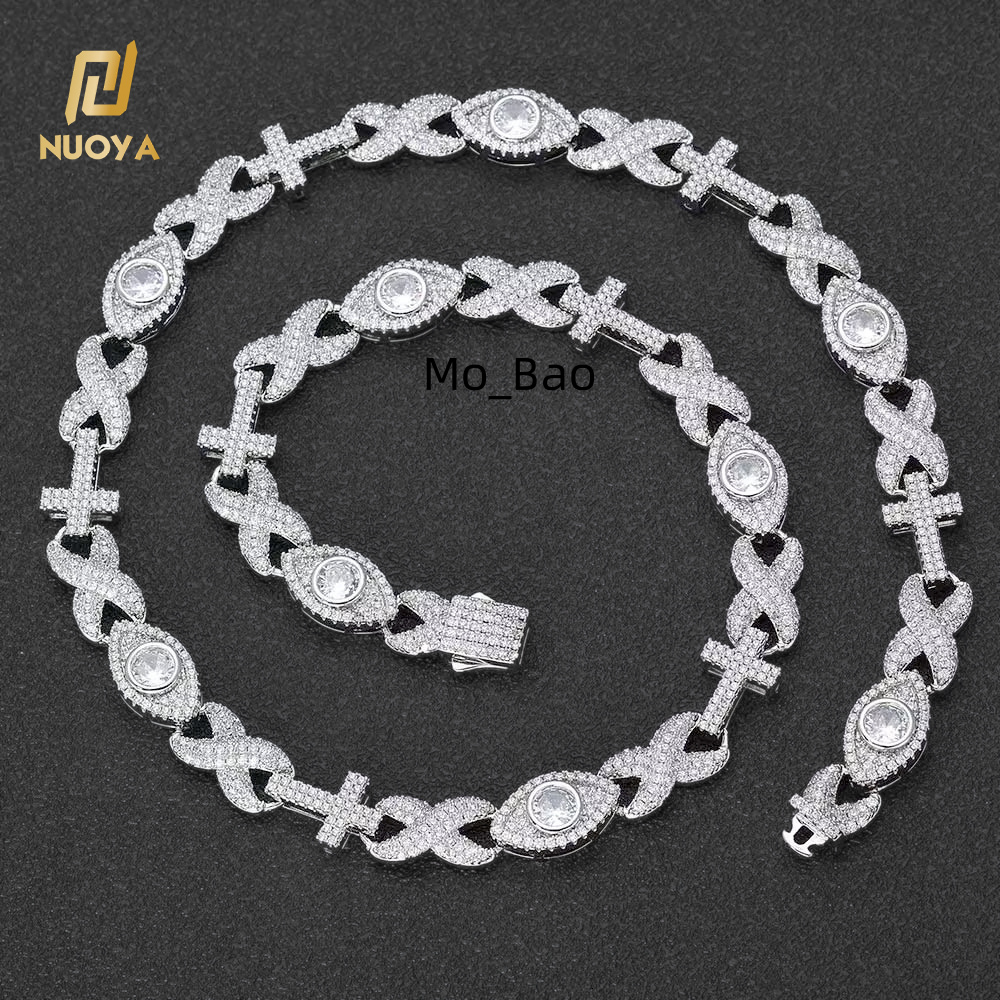NUOYA New Style Iced Out Jewelry Inlaid Shiny Zircon Cross With Diamond Eyes Link Chain Gold Silver Hip Hop Cuban Chain Necklace