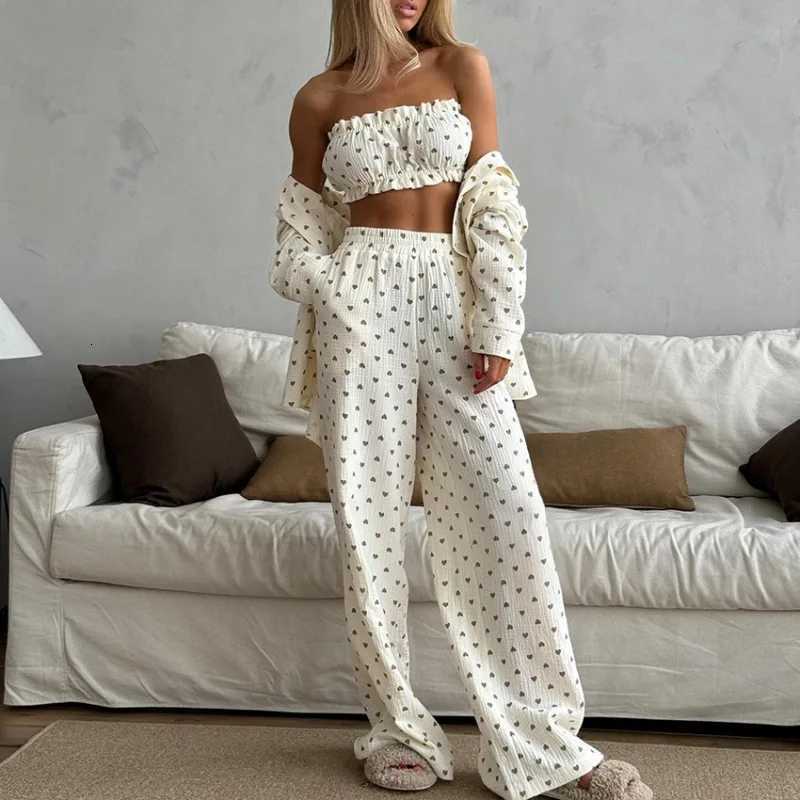 Printed Cotton Womens Pajama Set Strapless Pajamas Long Sleeve Pajamas Lapel Pajamas Long Pants Pajamas 3 Piece Suit Z250925