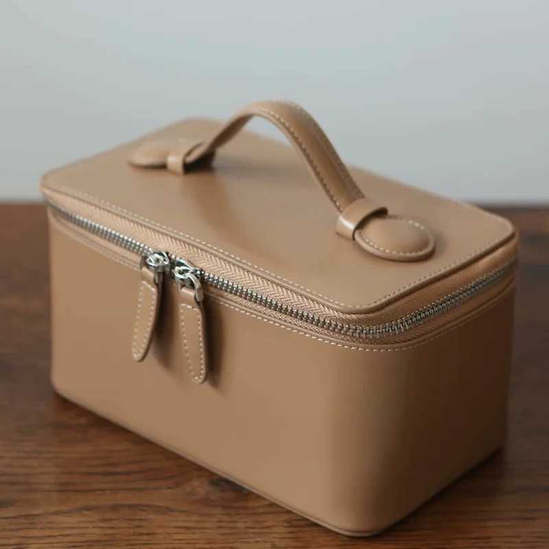Free Customized Name LargeCapacity Genuine Leather HandHeld Cosmetic Bag Waterproof Stiff Travel Wash Bag Bath Storage Box J250926