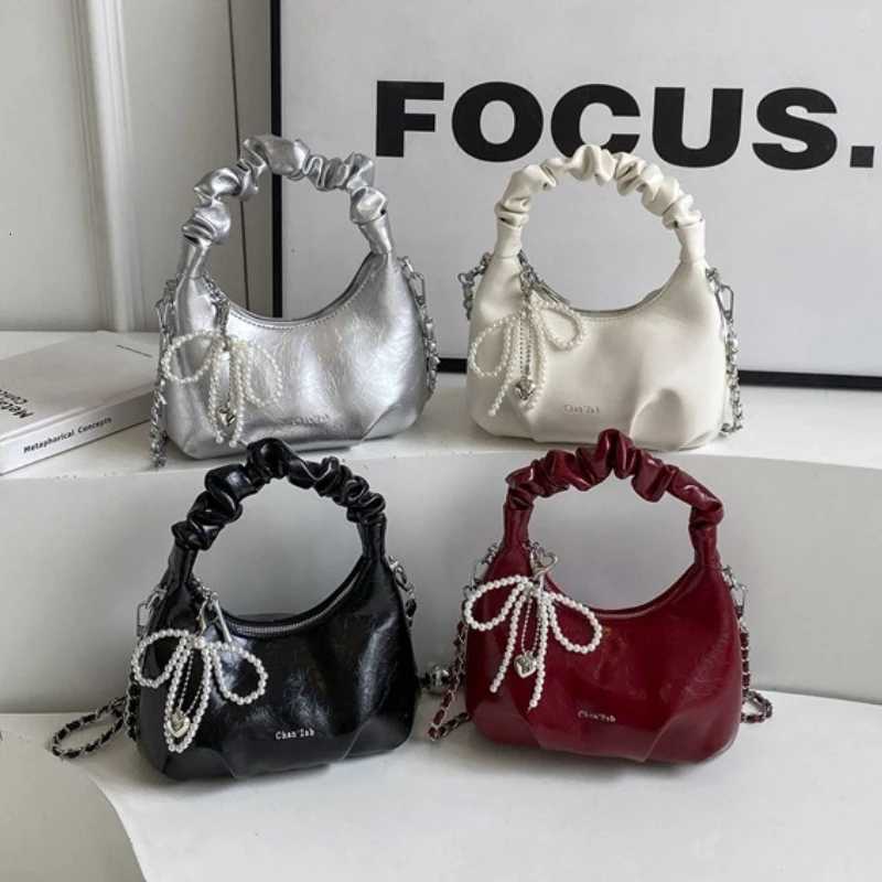 Hot Y2K New Underarm Bags for Women Pleated Handle Design Ladies Pearl Bow Handbag Adjustable Strap Shoulder Crossbody Bag Z250926