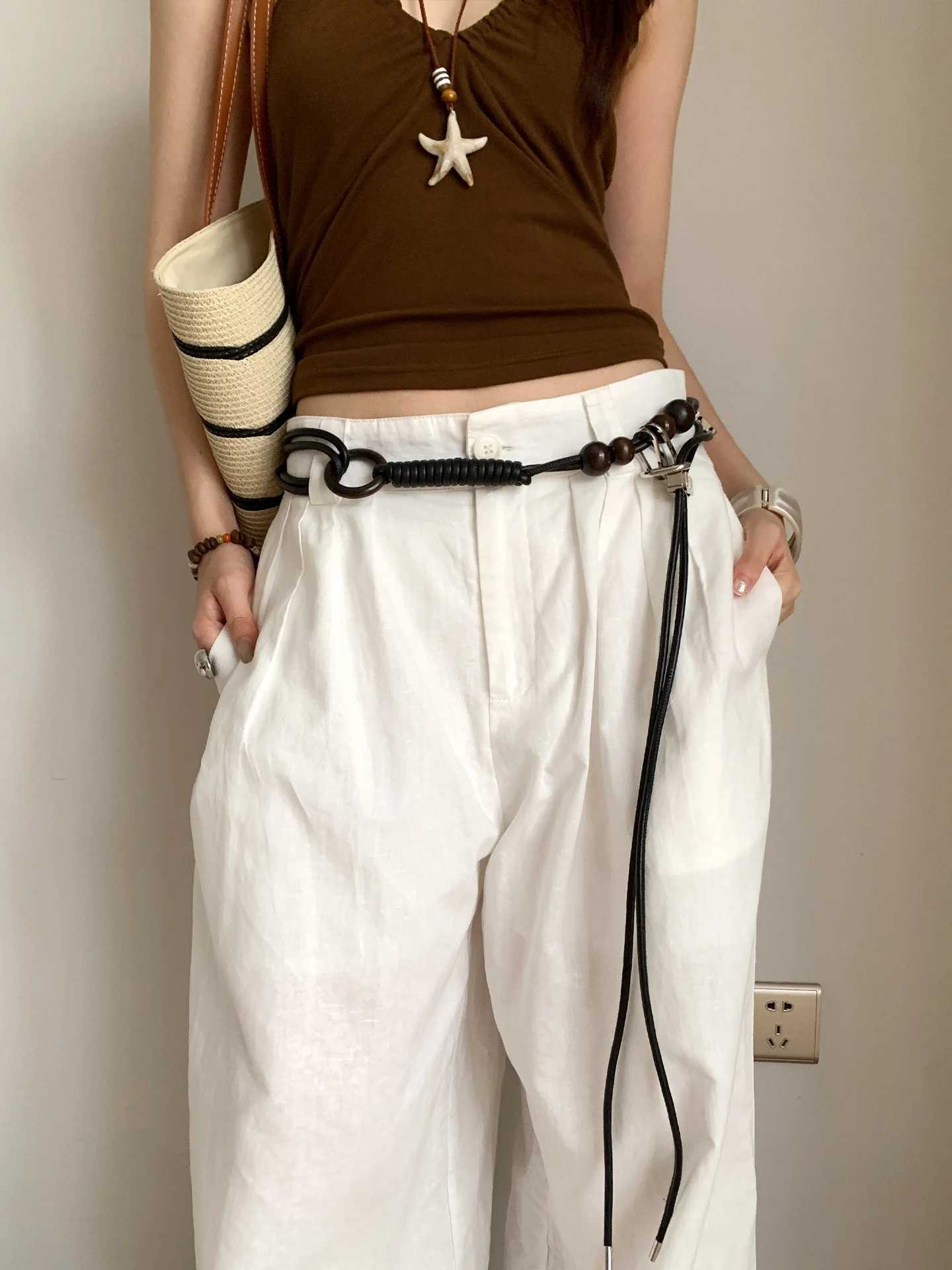 Fashionable Wooden Beads Belt With Artistic Knots For Women New Style Niche Slimming And Versatile Leather Belt L250926